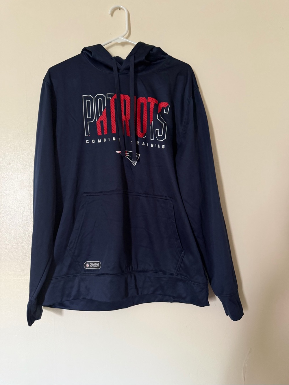 NFL Navy Patriots Crewneck Hoodie with Red & White Team Logo